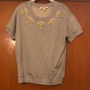 Short sleeve hoodie top with stone embellishments